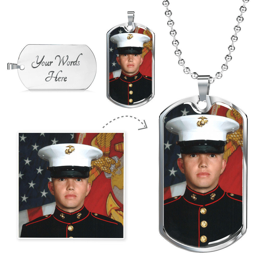 Custom Photo Picture Necklace Gift, Personalized Engraved Military Chain Dog Tag Style Necklace in Silver or Gold