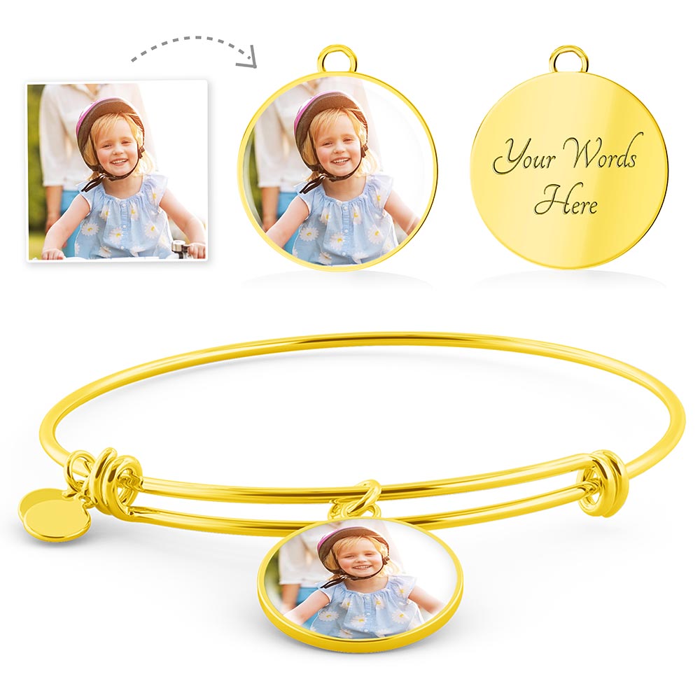 Custom Photo Picture Bracelet Gift, Personalized Engraved Circle Bangle Bracelet in Silver or Gold