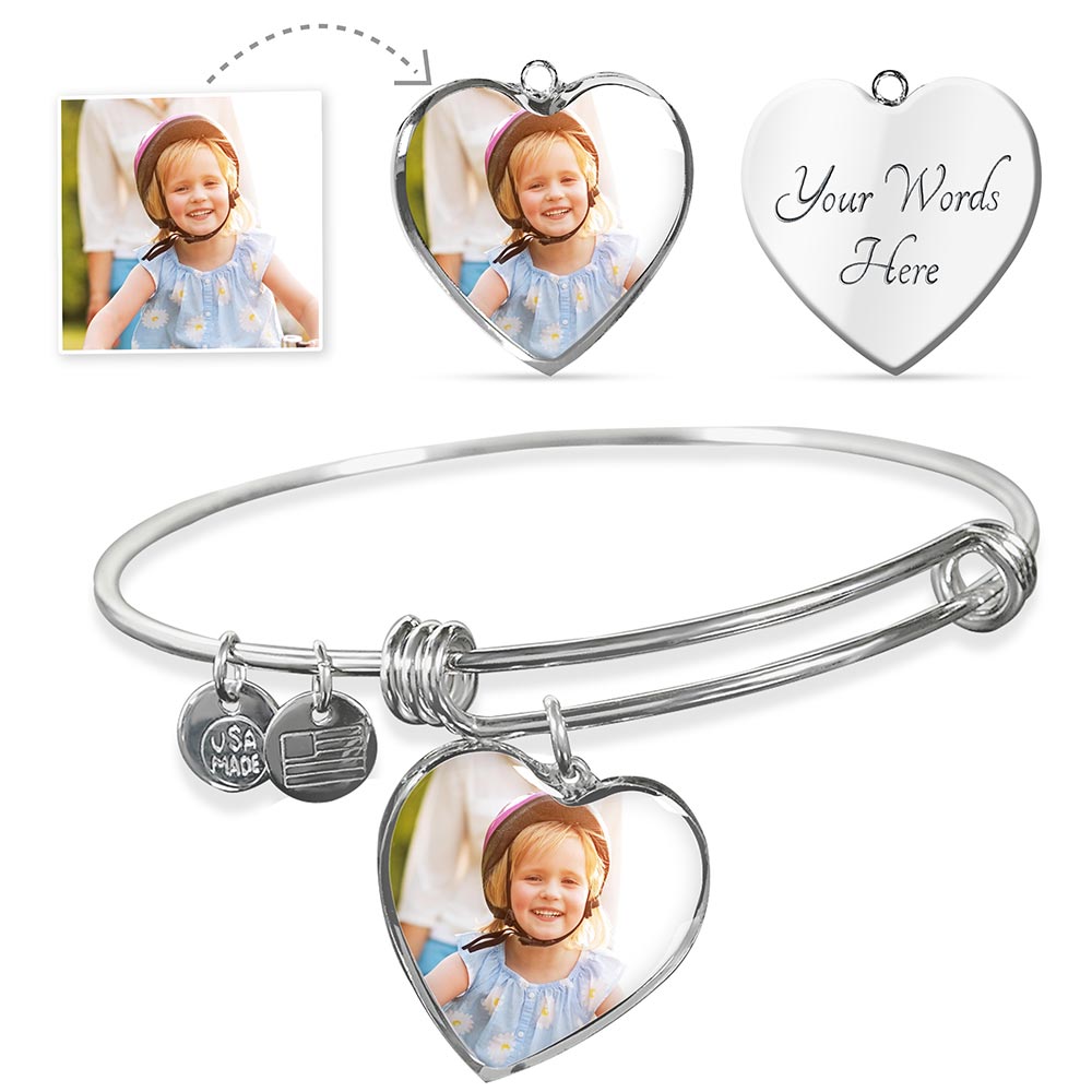 Custom Photo Picture Bracelet Gift, Personalized Engraved Heart Bangle Bracelet in Silver or Gold
