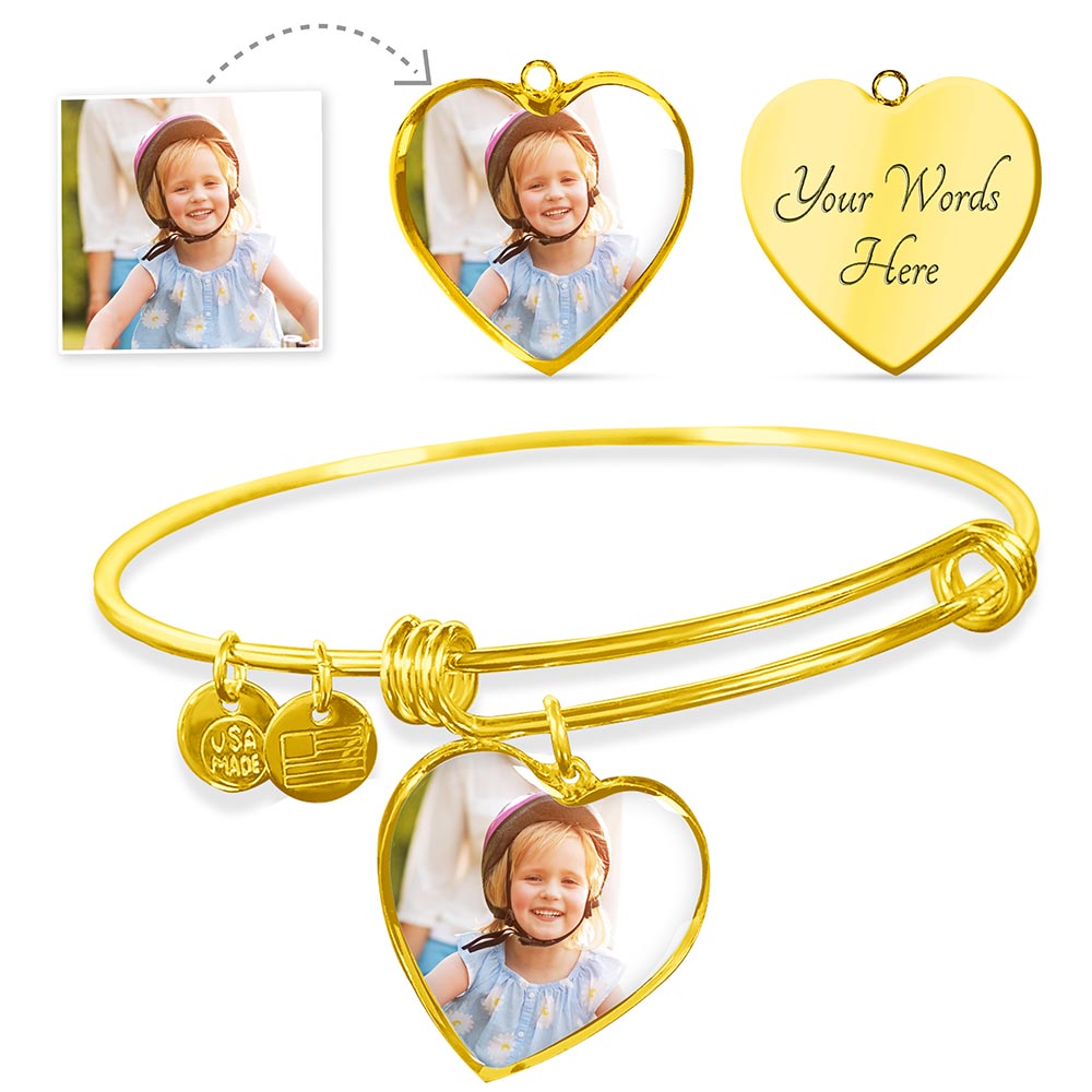 Custom Photo Picture Bracelet Gift, Personalized Engraved Heart Bangle Bracelet in Silver or Gold