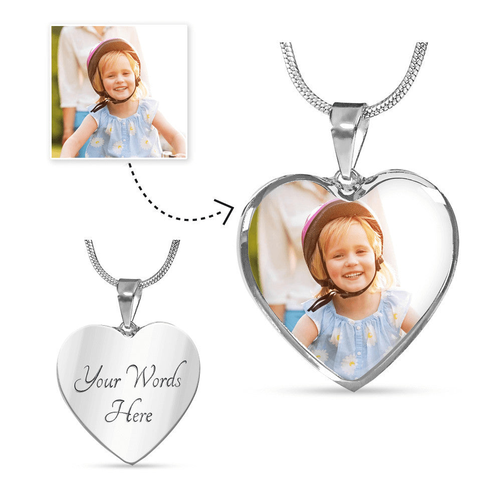 Custom Photo Picture Necklace Gift, Personalized Engraved Snake Chain Heart Necklace in Silver or Gold