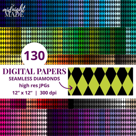 Black Diamonds Digital Paper Pack, Commercial Use Rainbow Diamond Check Seamless Pattern Background Craft Bundle, Download 130 High Res JPGs