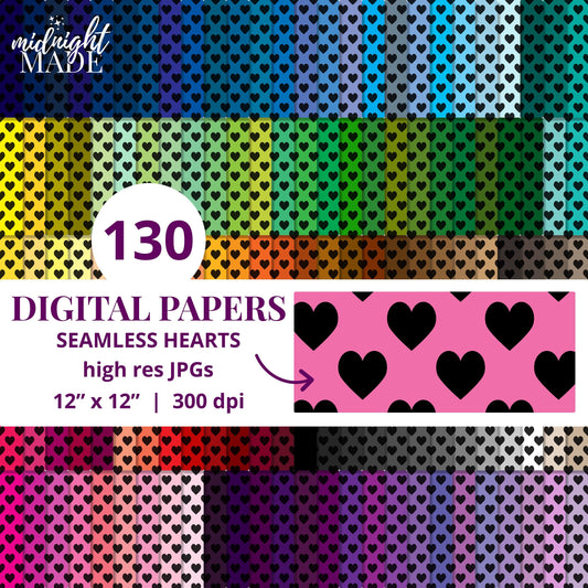 Black Hearts Digital Paper Pack, Commercial Use Rainbow Medium Heart Seamless Pattern Background Craft Bundle, Download 130 High Res JPGs
