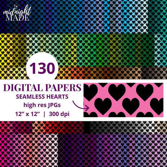Black Hearts Digital Paper Pack, Commercial Use Rainbow Large Heart Seamless Pattern Background Craft Bundle, Download 130 High Res JPGs